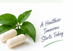 Decorative capsules and leaf image with A healthier tomorrow starts today.