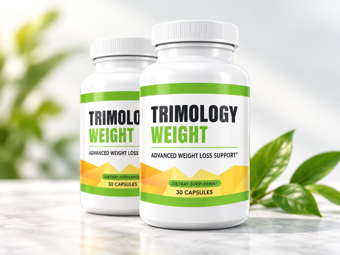 Trimology dietary supplement bottle with botanical background